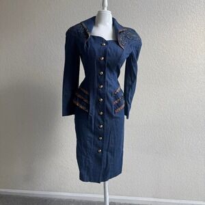 Etoile Vintage Denim Button Up Dress W/ Embroidered Trim Size 6